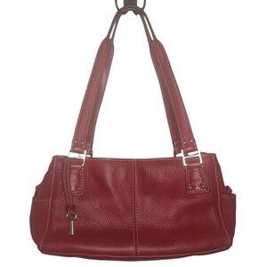 Vtg Fossil 75082 Red Pebbled Leather Handbag Double Strap Purse Bag w/ Key charm